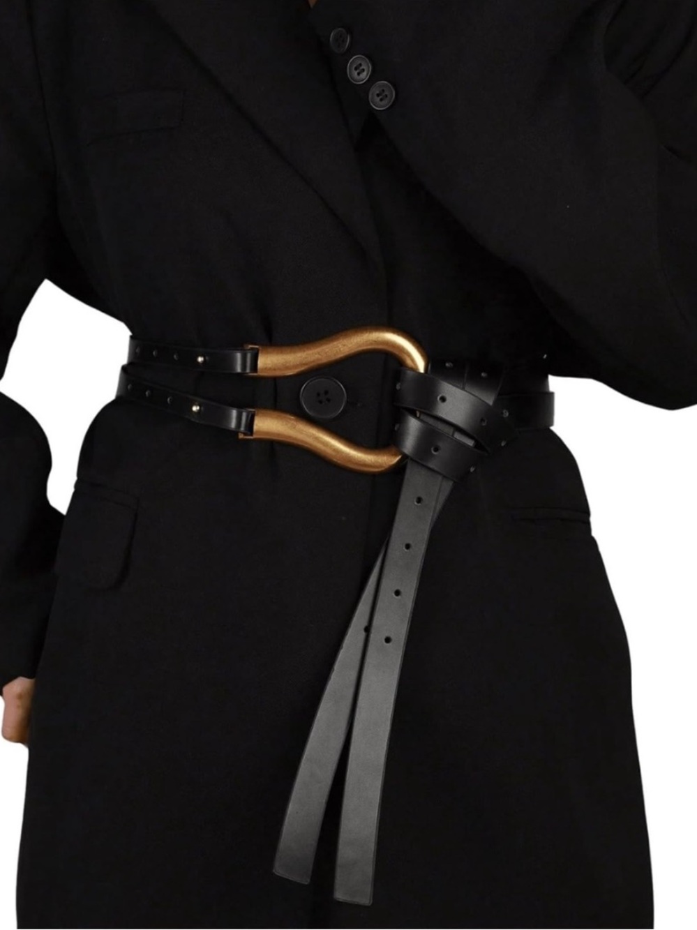 Vintage Black Double-Strap Waist Belt with Gold Horseshoe Accent